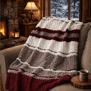 Hand Crafted Cozy Striped Throw Blanket - Wine, Gray, White—READY TO SHIP